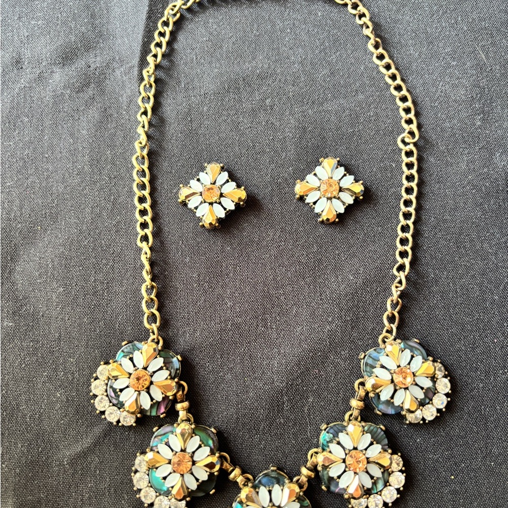 Vintage Faux Opal Crystal Rhinestone Necklace & Earring Set Gorgeous Color